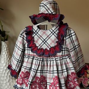 Plaid Kids Dress with Hat - Red and Blue